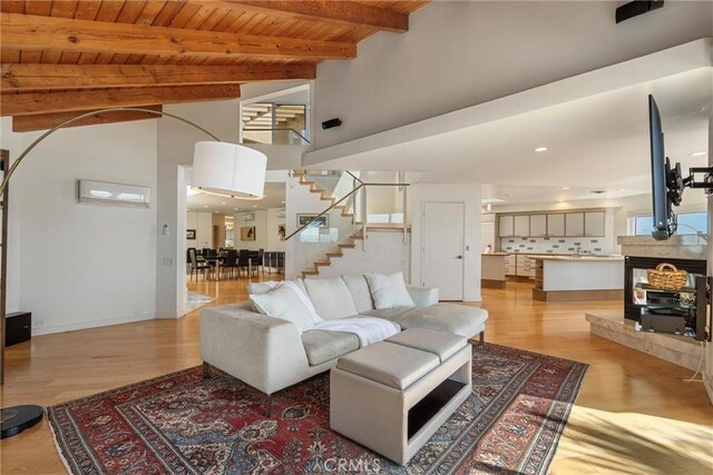 7335 Vista Del Mar Ln, Playa Del Rey, CA 90293 - living room with wood ceiling, stairs, and wood finished floors