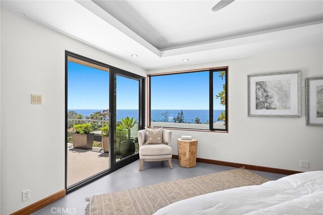 31532 Valido Rd, Laguna Beach, CA 92651 - bedroom featuring finished concrete floors, access to outside, recessed lighting, and a water view