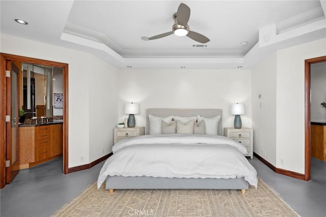 31532 Valido Rd, Laguna Beach, CA 92651 - bedroom with a tray ceiling, finished concrete flooring, ensuite bathroom, a ceiling fan, and recessed lighting