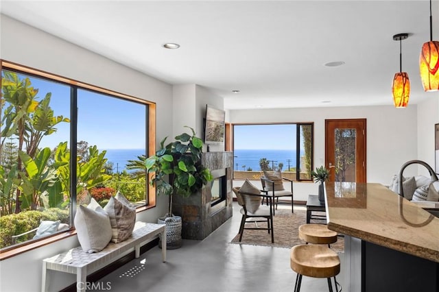 31532 Valido Rd, Laguna Beach, CA 92651 - living room with concrete floors, a glass covered fireplace, and recessed lighting