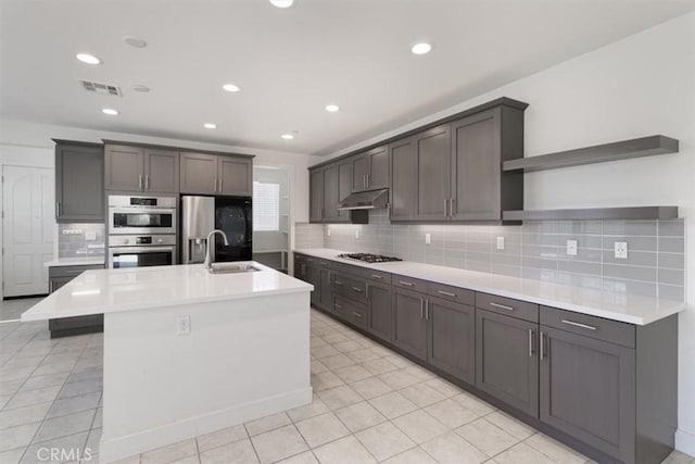 1901 Aliso Canyon Dr, Lake Forest, CA 92610 - kitchen featuring a sink, stainless steel appliances, under cabinet range hood, open shelves, and light countertops