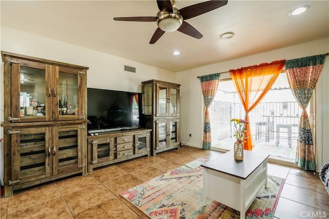 19264 Casmalia St, Rialto, CA 92377 - living room with light tile patterned floors, a ceiling fan, recessed lighting, and baseboards