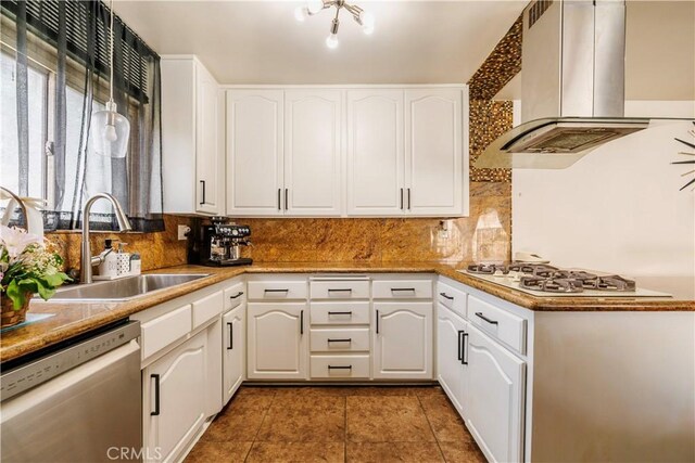 19264 Casmalia St, Rialto, CA 92377 - kitchen featuring stainless steel dishwasher, island range hood, a sink, white gas stovetop, and tasteful backsplash