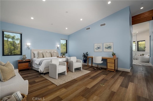 1088 Via Conca Doro, Vista, CA 92084 - bedroom featuring dark wood finished floors, recessed lighting, high vaulted ceiling, and baseboards