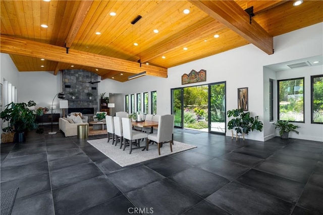 1088 Via Conca Doro, Vista, CA 92084 - dining area with plenty of natural light, wood ceiling, recessed lighting, and a fireplace