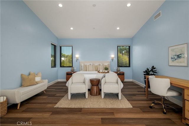 1088 Via Conca Doro, Vista, CA 92084 - bedroom featuring lofted ceiling, baseboards, recessed lighting, a desk, and wood finished floors