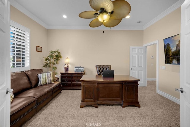 home office with light colored carpet, ceiling fan, crown molding, baseboards, and recessed lighting