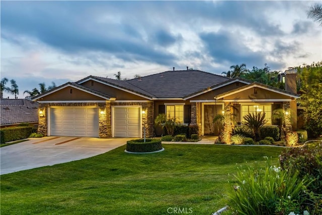 4976 Huntswood Pl, Rancho Cucamonga, CA 91737 - view of front facade featuring stone siding, a garage, concrete driveway, a front yard, and a chimney