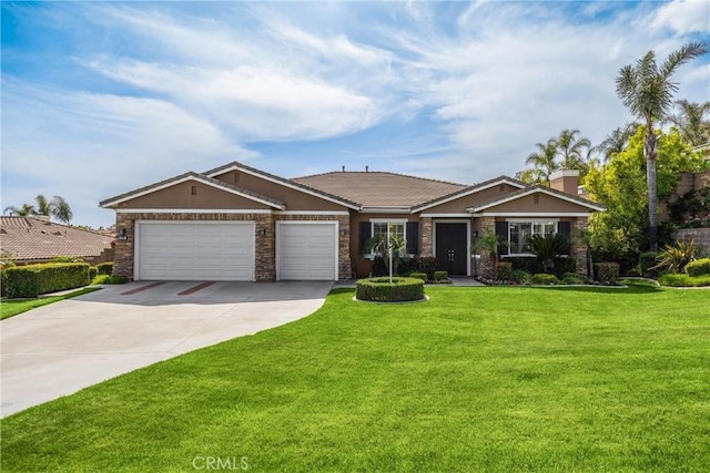 view of front of house featuring a garage, driveway, a front yard, stucco siding, and stone siding