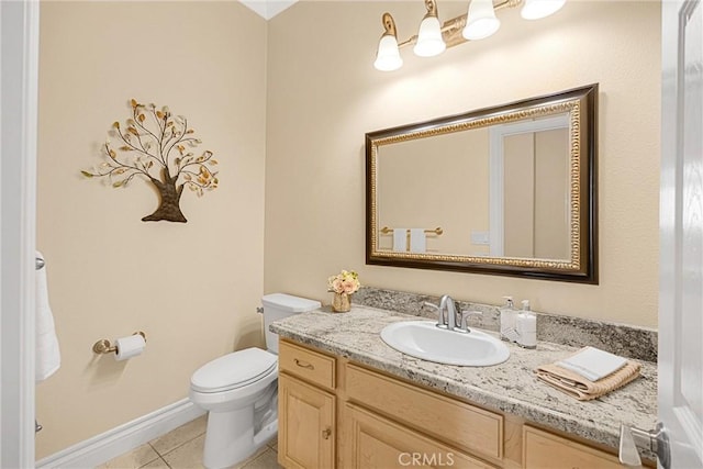 half bath featuring tile patterned flooring, toilet, and vanity