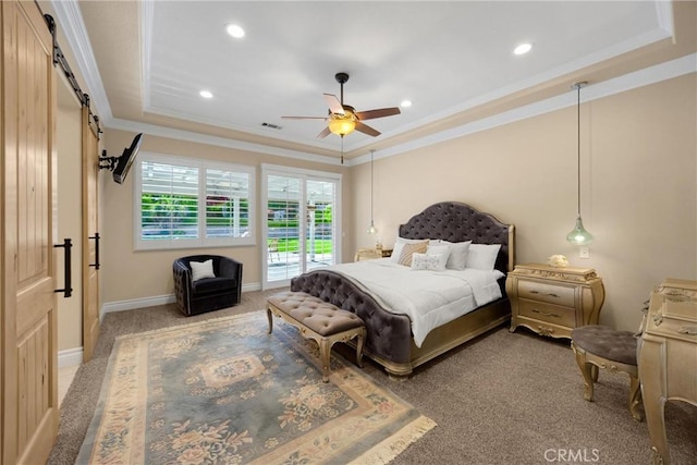 carpeted bedroom featuring a barn door, access to exterior, ornamental molding, recessed lighting, and ceiling fan
