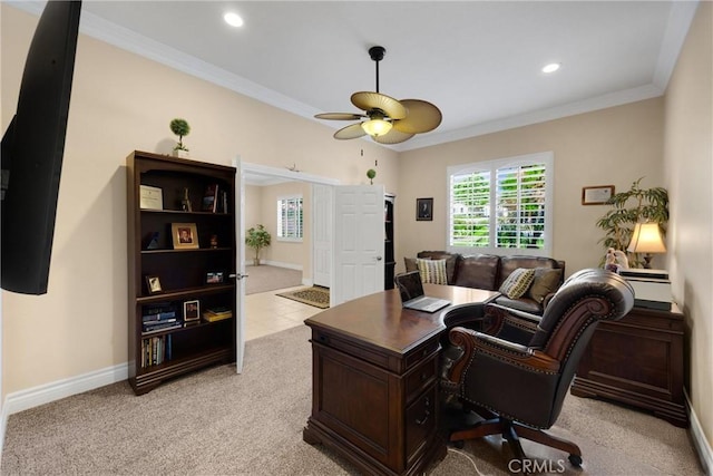 office space with ceiling fan, ornamental molding, recessed lighting, light colored carpet, and baseboards