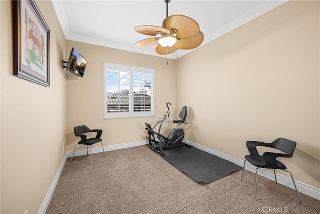 exercise room with carpet, crown molding, baseboards, and ceiling fan