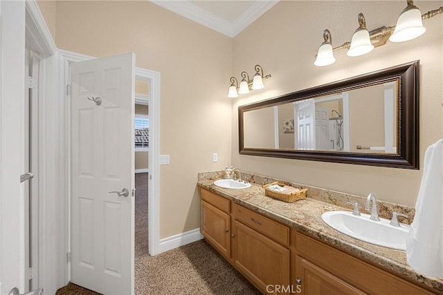 bathroom featuring crown molding, baseboards, and double vanity