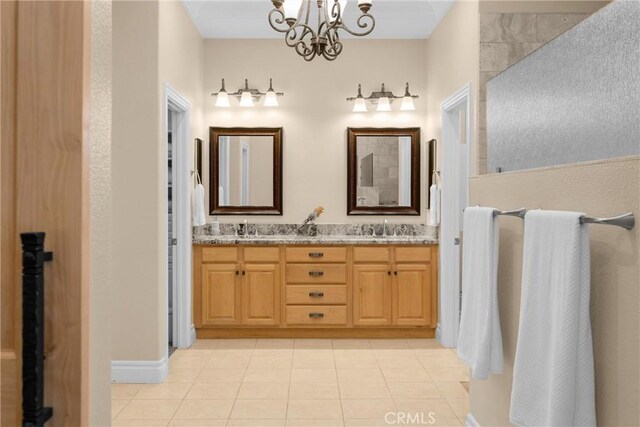 4976 Huntswood Pl, Rancho Cucamonga, CA 91737 - bathroom featuring double vanity, tile patterned flooring, and a chandelier