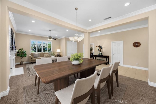 4976 Huntswood Pl, Rancho Cucamonga, CA 91737 - dining space featuring light colored carpet, crown molding, recessed lighting, baseboards, and a chandelier