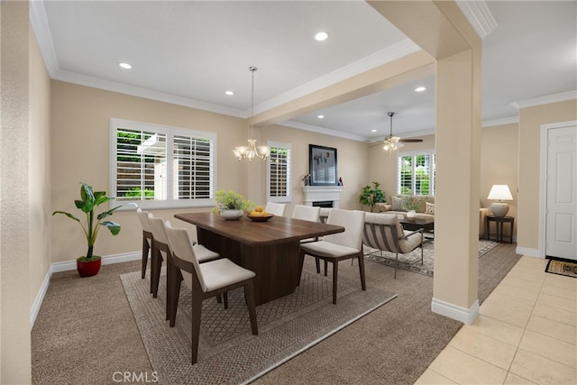 dining room featuring recessed lighting, baseboards, light colored carpet, a chandelier, and a ceiling fan
