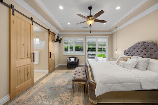bedroom with a barn door, access to outside, baseboards, crown molding, and recessed lighting
