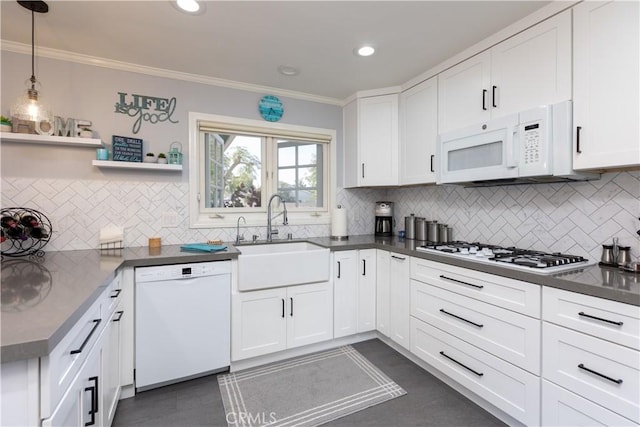 2952 Pemba Dr, Costa Mesa, CA 92626 - kitchen with white appliances, a sink, open shelves, dark countertops, and decorative backsplash