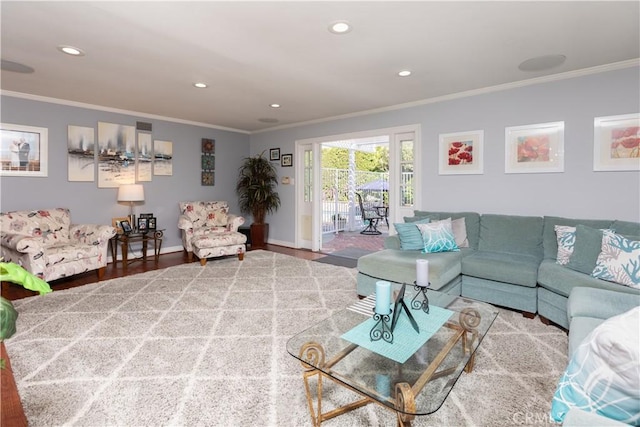 2952 Pemba Dr, Costa Mesa, CA 92626 - living area with crown molding, recessed lighting, wood finished floors, and baseboards