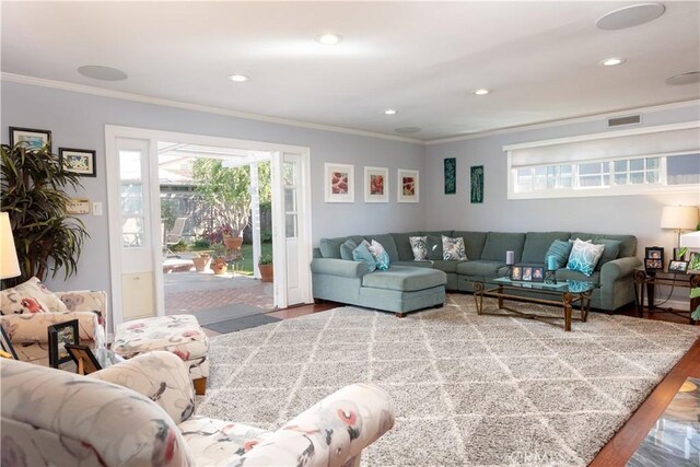 2952 Pemba Dr, Costa Mesa, CA 92626 - living area with wood finished floors, ornamental molding, and recessed lighting