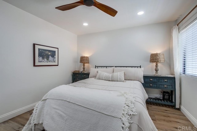 6780 Friars Rd Unit 269, San Diego, CA 92108 - bedroom featuring light wood-type flooring, baseboards, a ceiling fan, and recessed lighting