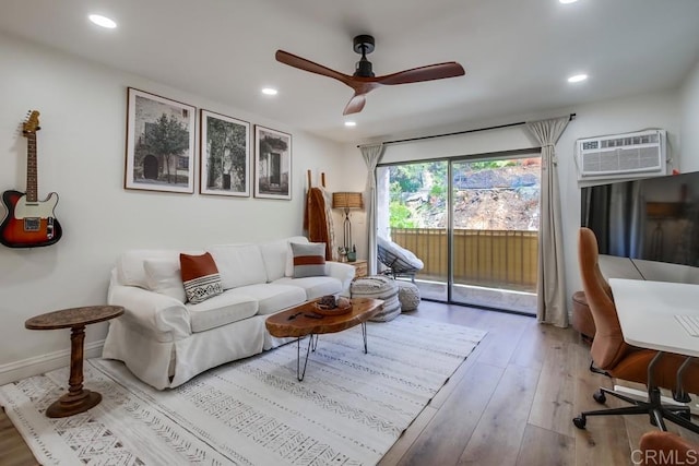 6780 Friars Rd Unit 269, San Diego, CA 92108 - living room featuring ceiling fan, an AC wall unit, wood finished floors, and recessed lighting