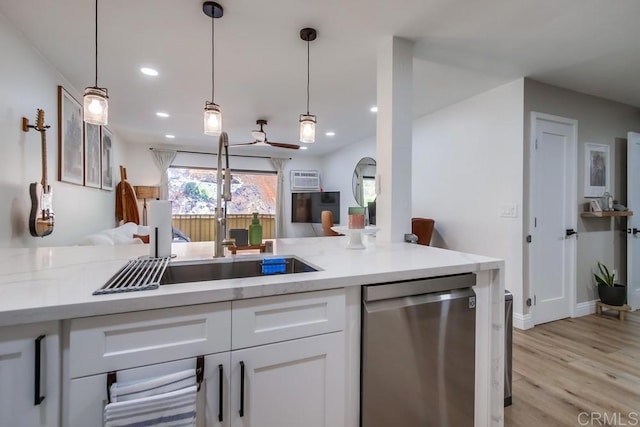 6780 Friars Rd Unit 269, San Diego, CA 92108 - kitchen featuring dishwasher, open floor plan, white cabinets, light wood-style flooring, and recessed lighting