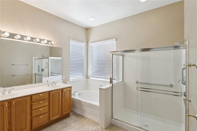 1704 Golden Way, Beaumont, CA 92223 - full bath with a garden tub, a stall shower, double vanity, and tile patterned floors