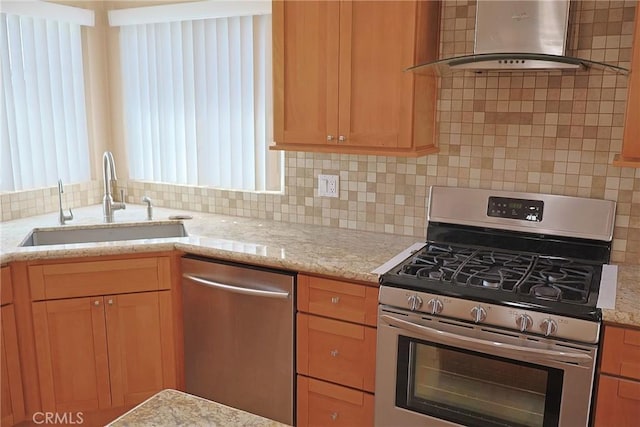 18907 Felbar Ave, Torrance, CA 90504 - kitchen featuring appliances with stainless steel finishes, exhaust hood, a sink, tasteful backsplash, and light stone counters
