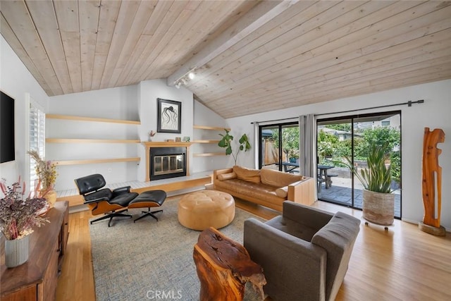 2350 Meadow St, San Luis Obispo, CA 93401 - living area featuring wood finished floors, wood ceiling, built in shelves, and a glass covered fireplace