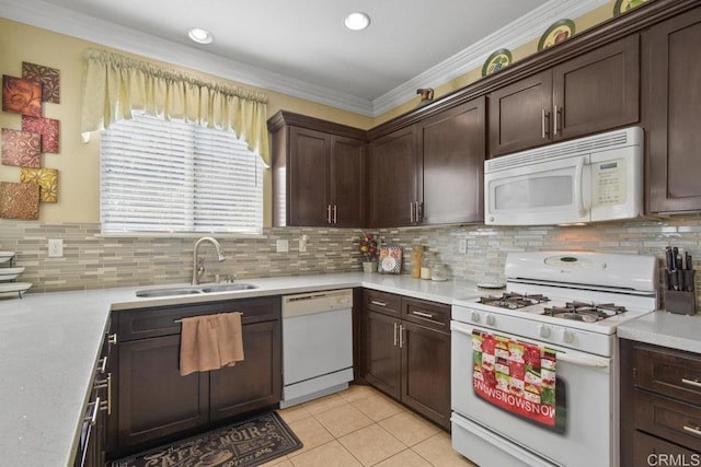 1207 Barton Peak Dr, Chula Vista, CA 91913 - kitchen featuring white appliances, a sink, light countertops, tasteful backsplash, and ornamental molding