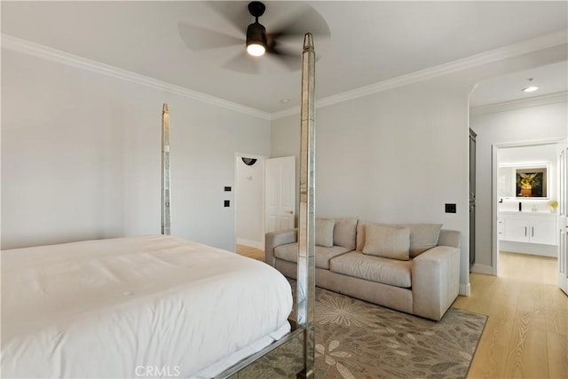 3610 Monserate Hill Ct, Fallbrook, CA 92028 - bedroom featuring light wood-style flooring, crown molding, baseboards, and a ceiling fan
