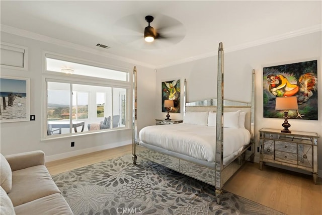 3610 Monserate Hill Ct, Fallbrook, CA 92028 - bedroom with wood finished floors, ornamental molding, baseboards, and ceiling fan
