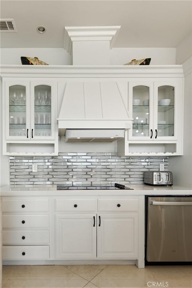 3610 Monserate Hill Ct, Fallbrook, CA 92028 - bar area featuring dishwasher, custom range hood, black electric stovetop, tasteful backsplash, and light tile patterned floors