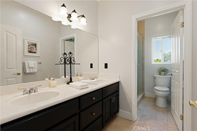 3610 Monserate Hill Ct, Fallbrook, CA 92028 - full bath with toilet, double vanity, a stall shower, baseboards, and tile patterned flooring