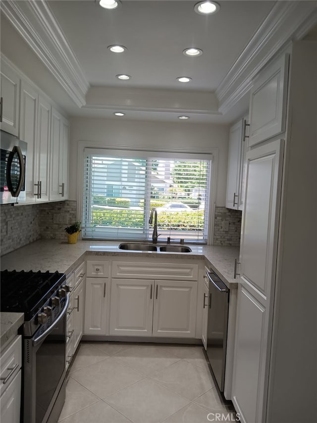 18 Goldenbush, Irvine, CA 92604 - kitchen featuring appliances with stainless steel finishes, ornamental molding, a tray ceiling, plenty of natural light, and recessed lighting