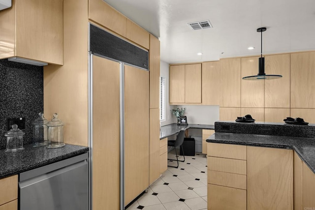 3868 Riviera Dr Unit 4A, San Diego, CA 92109 - kitchen featuring paneled refrigerator, light brown cabinets, built in study area, and recessed lighting