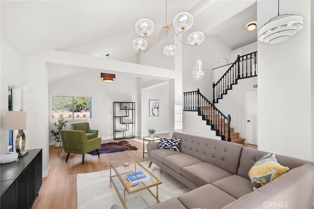 2402 Pepperdale Dr, Rowland Heights, CA 91748 - living room with light wood-style floors, stairs, high vaulted ceiling, baseboards, and a chandelier