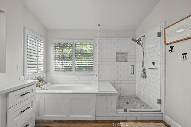 22011 Iron Horse Pl, Saugus, CA 91390 - bathroom with a bath, a shower stall, and vanity