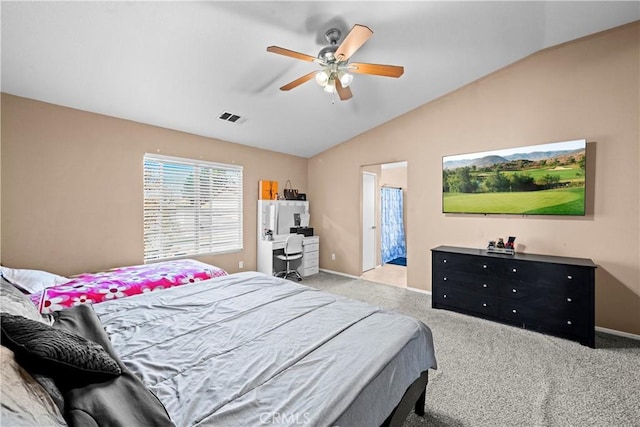 3260 Ivy Ct, Perris, CA 92571 - carpeted bedroom with vaulted ceiling, ceiling fan, and baseboards