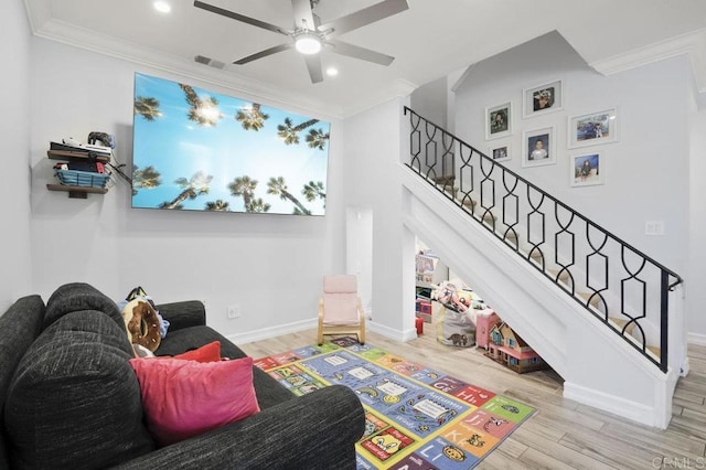 11372 Via Rancho San Diego Unit B, El Cajon, CA 92019 - living room featuring ornamental molding, wood finished floors, a ceiling fan, stairway, and baseboards