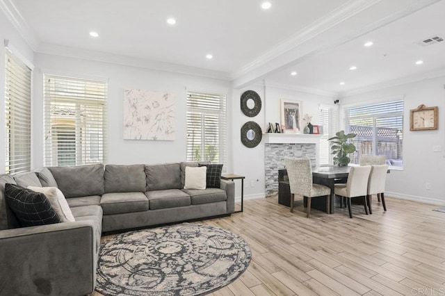 11372 Via Rancho San Diego Unit B, El Cajon, CA 92019 - living area with light wood-type flooring, crown molding, recessed lighting, baseboards, and a fireplace