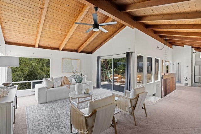 1635 Bee Canyon Rd, Arroyo Grande, CA 93420 - carpeted living room with wood ceiling with exposed beams, healthy amount of natural light, high vaulted ceiling, and a ceiling fan