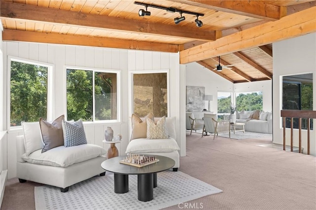1635 Bee Canyon Rd, Arroyo Grande, CA 93420 - sunroom featuring wooden ceiling with exposed beams, carpet, and track lighting