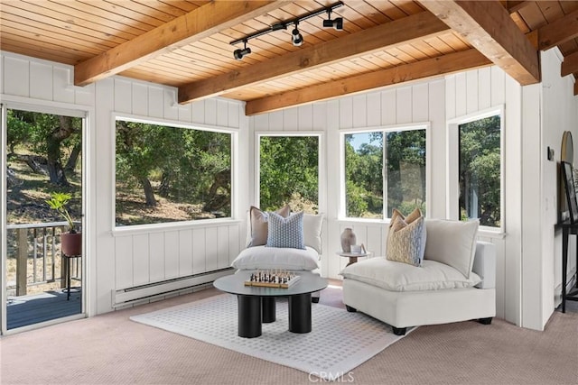 1635 Bee Canyon Rd, Arroyo Grande, CA 93420 - sunroom / solarium with a baseboard radiator, carpet flooring, rail lighting, and wooden ceiling with exposed beams
