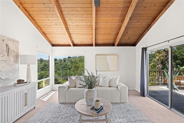 1635 Bee Canyon Rd, Arroyo Grande, CA 93420 - living room featuring light carpet, wood ceiling with exposed beams, high vaulted ceiling, and baseboards