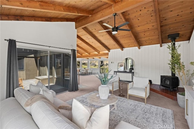1635 Bee Canyon Rd, Arroyo Grande, CA 93420 - living area with carpet floors, wooden ceiling, a wood stove, and ceiling fan