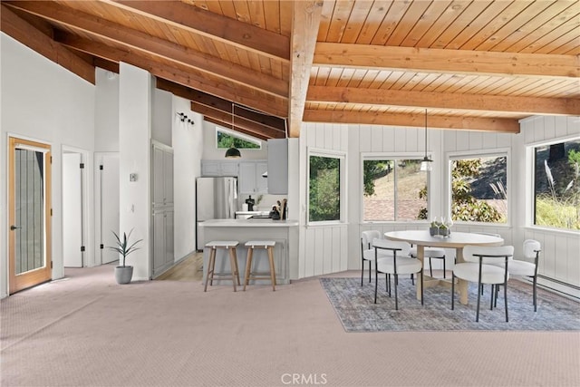 1635 Bee Canyon Rd, Arroyo Grande, CA 93420 - dining space with light colored carpet, wooden ceiling, and a baseboard heating unit