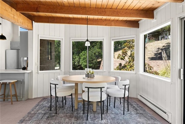 1635 Bee Canyon Rd, Arroyo Grande, CA 93420 - sunroom with baseboard heating, wood ceiling with exposed beams, carpet floors, and wooden walls